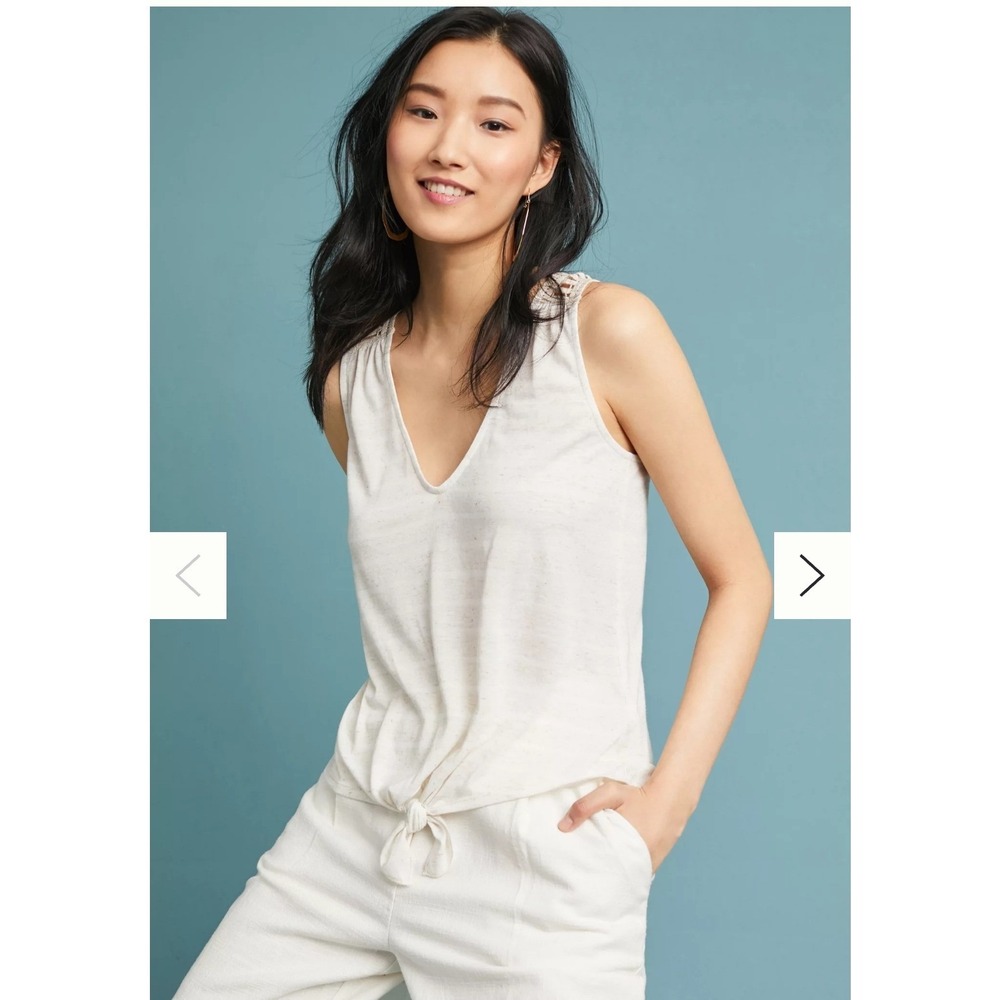 Pure Good‎ Anthropologie Crochet Neck Tie Front Tank Top Oatmeal Linen Blend XS